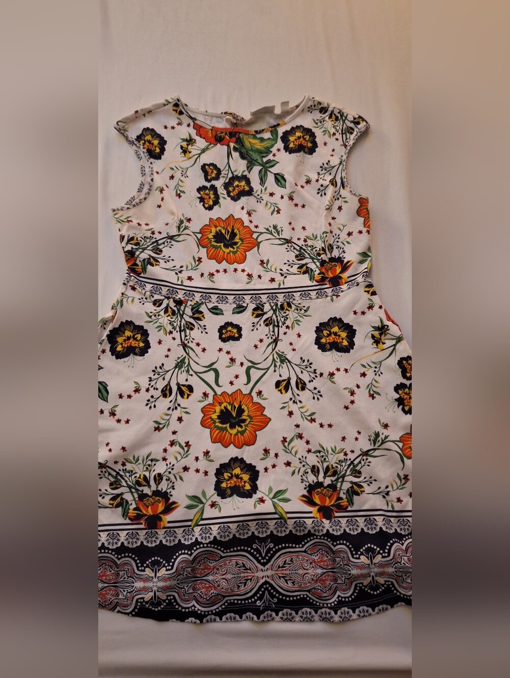 New York & Company White Floral Dress with Orange, Navy & Green Accents